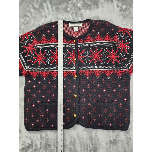 Vintage Crystal-Kobe Snowflake Cardigan Sweater L PETITE Black Red Gold Buttons - Picture 7 of 8